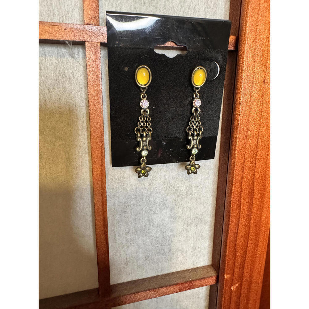 Vintage Yellow Dangle Earrings with Floral Detail -‎ Approx 2.5 Inches